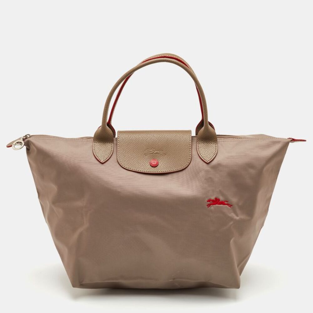 Longchamp Le Pliage Medium Khaki Beige Nylon And Leather Tote